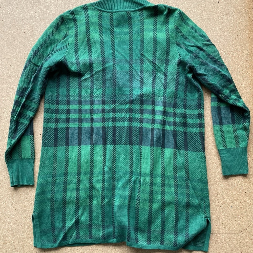 Isaac Mizrahi Live Cardigan Duster Women Medium Green Plaid Jacquard Open Front - Picture 2 of 8